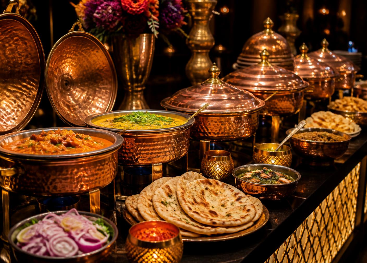 Indian catering station with copper chafing dishes, curries and fresh breads