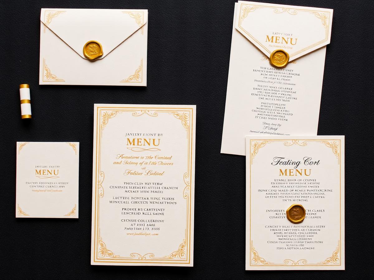 Ivory and gold event stationery suite including invitation, menu and seating card
