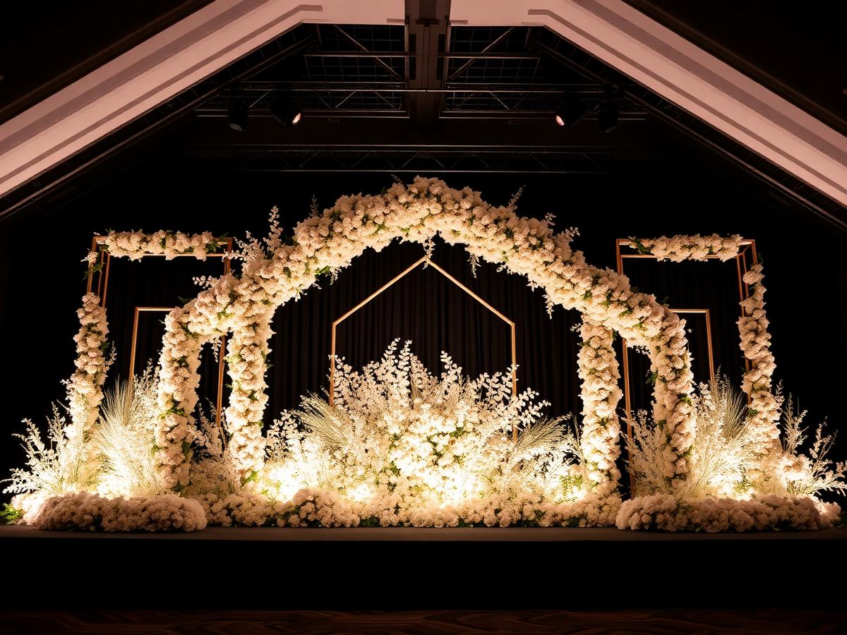 Floral and gold stage design lit by warm uplighting inside an event hall