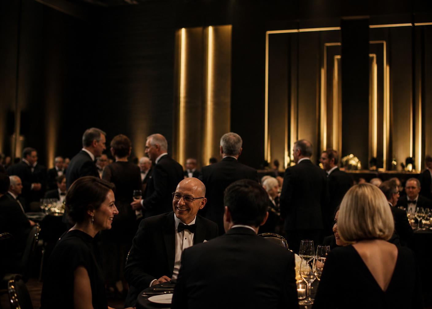 Guests in formal wear at a dark corporate gala with gold architectural lighting