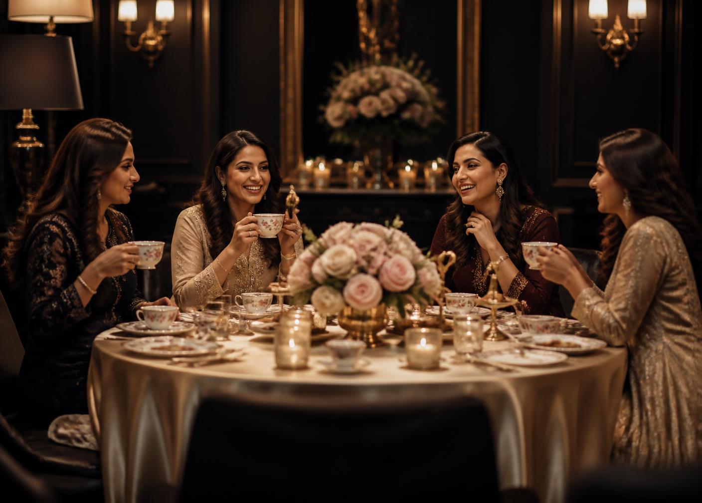 Elegantly dressed guests laughing around a gold-set table with teacups and florals at a kitty party
