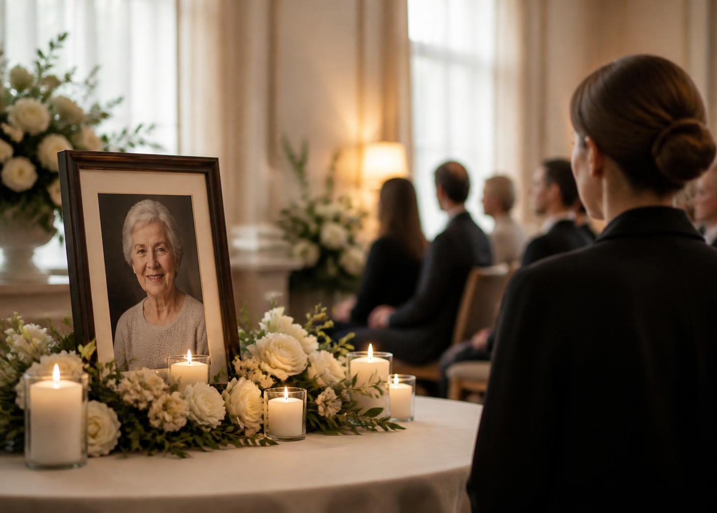 Framed portrait surrounded by white flowers and candles at a quiet memorial gathering