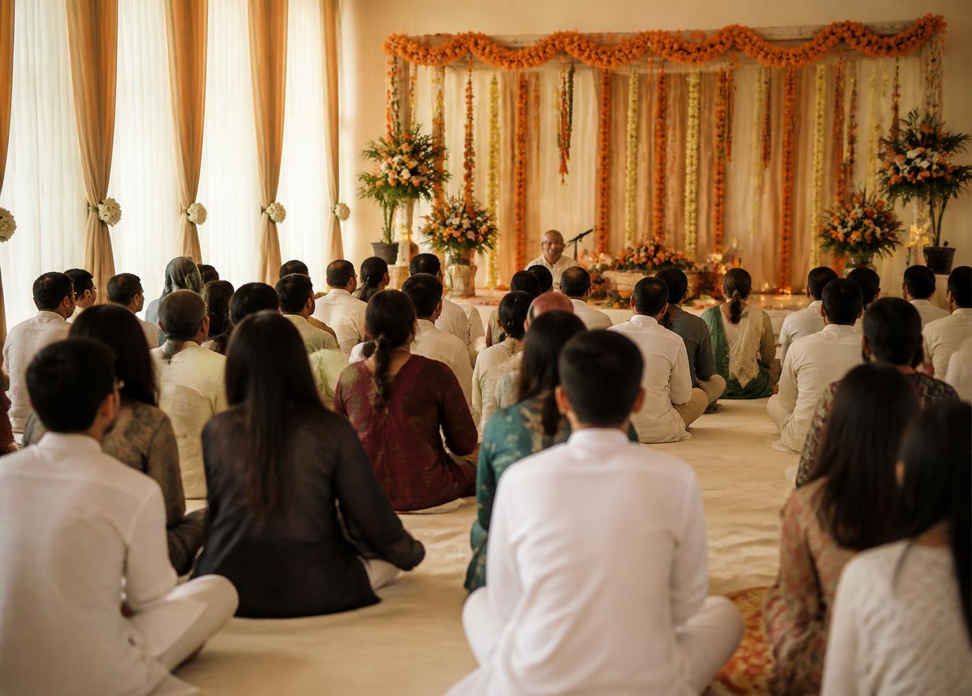 Guests seated on ivory floor coverings before a marigold-draped stage at a cultural function