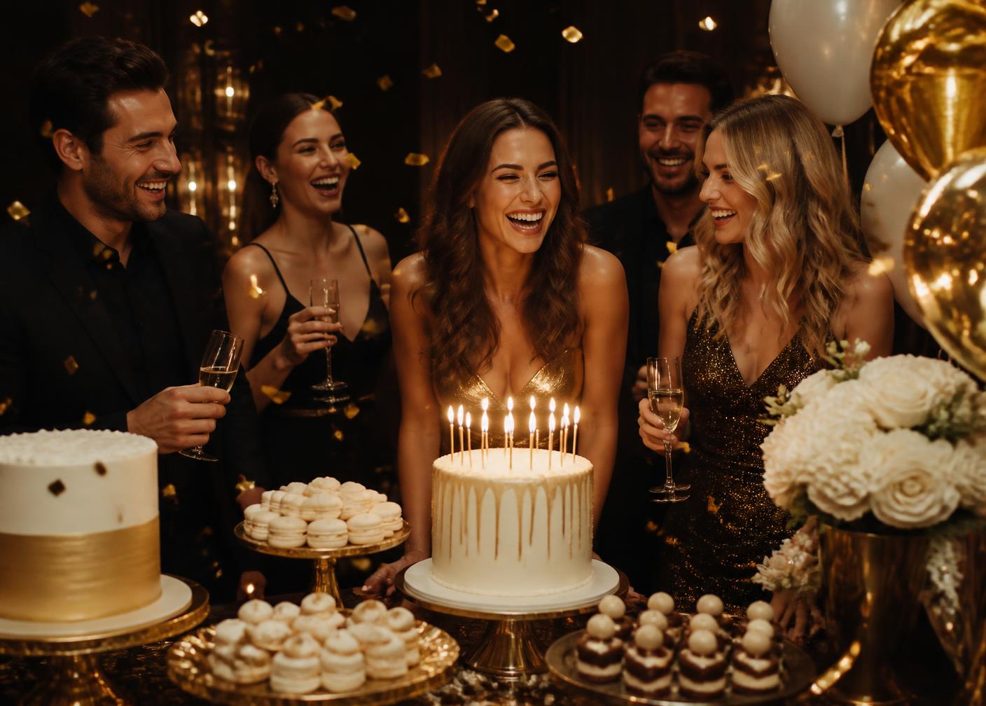 Friends laughing around a gold-accented dessert table at an evening birthday celebration