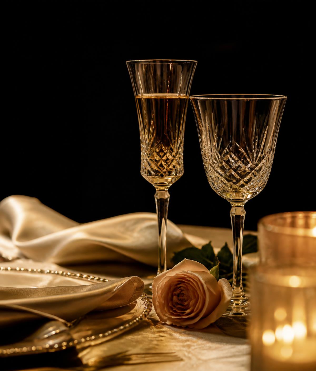 Crystal glassware, ivory linen and candlelight on a dressed event table