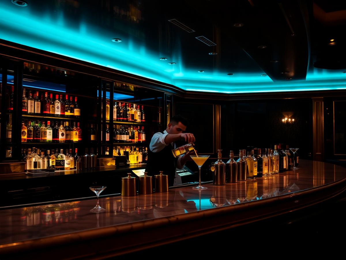 Bartender pouring a cocktail at an event bar with backlit bottles