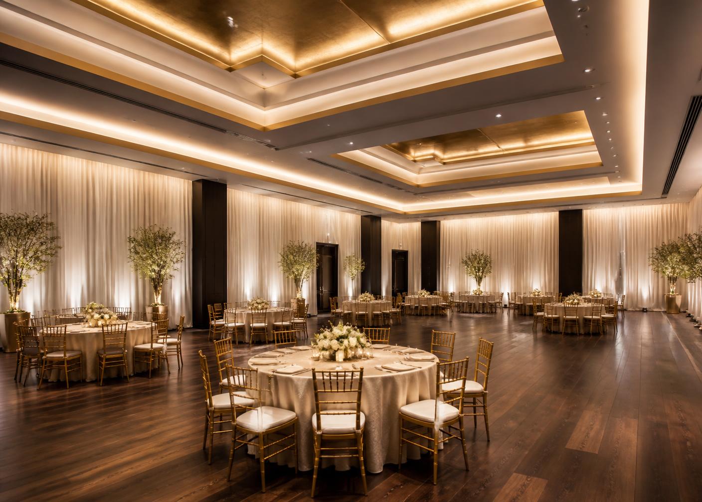 Elegant empty event ballroom with gold cove lighting and round tables